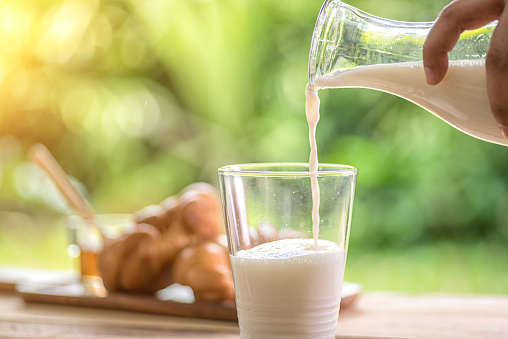 Large portion of milk being poured into a container on a nice day.