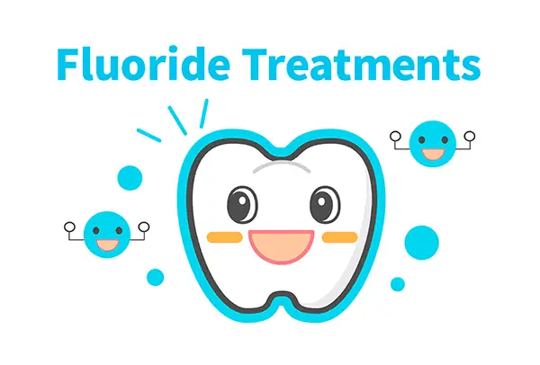 Happy smiling fluoride molecules surrounding a happy smiling tooth with text that says 'Fluoride Treatments'.